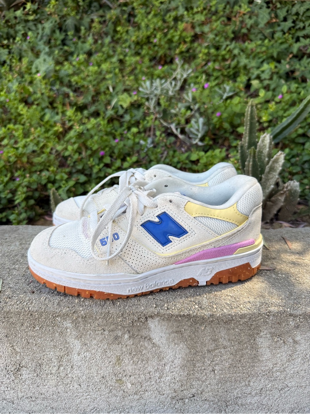 New Balance Cream 550s with Blue, Yellow, Pink and Gum Sole